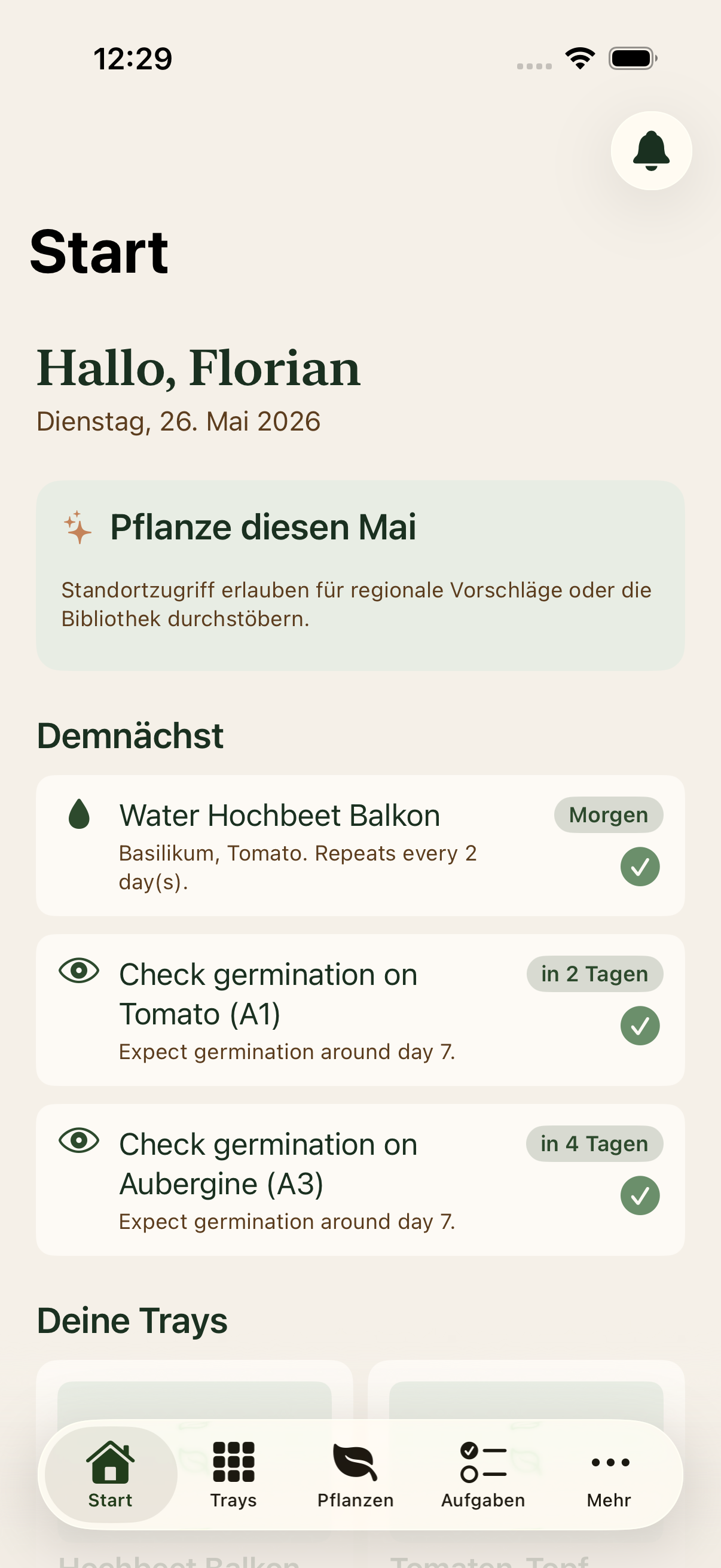 Startbildschirm mit anstehenden Aufgaben: Hochbeet Balkon morgen gießen, Tomaten-Keimung in 2 Tagen prüfen, Auberginen in 4 Tagen.