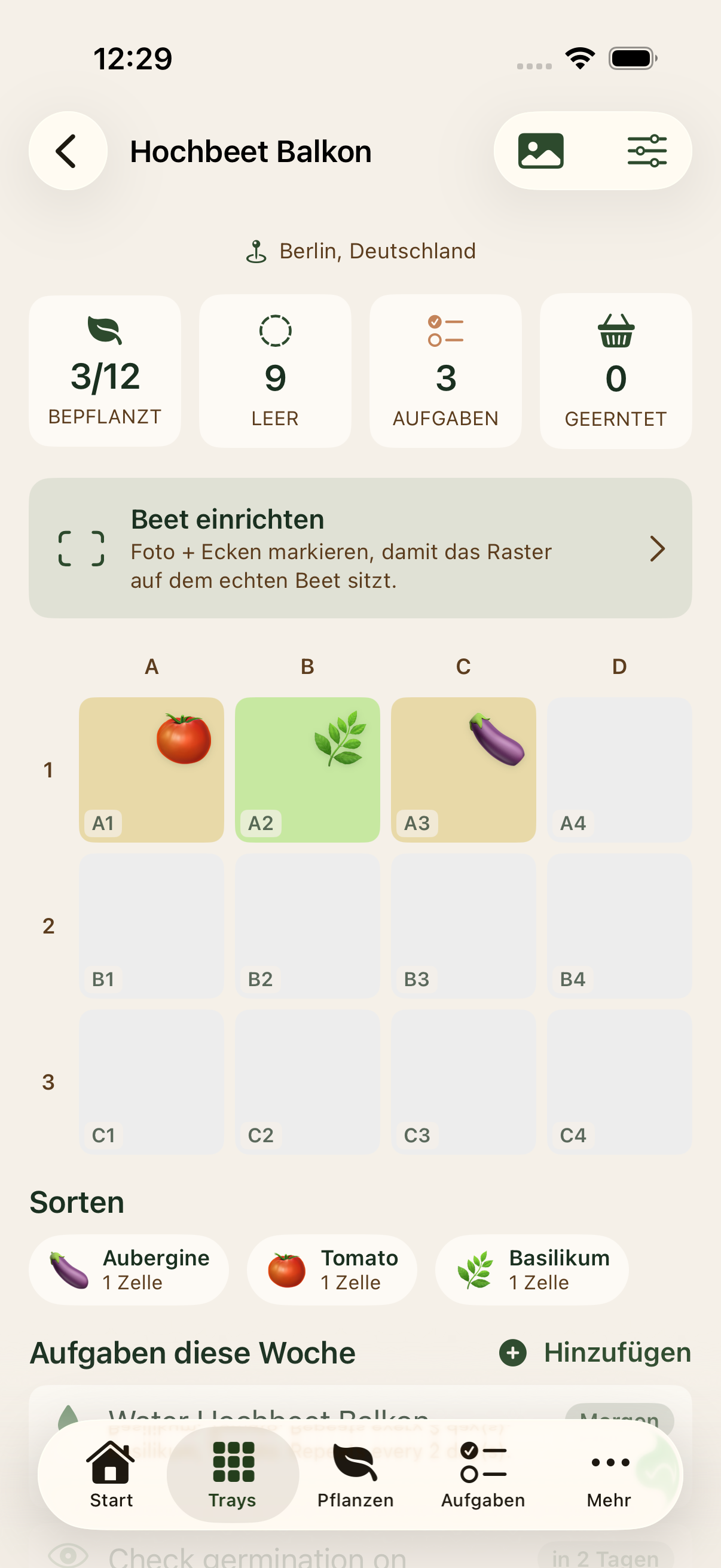 App-Screenshot mit einzelnen Zellen einer Anzuchtplatte